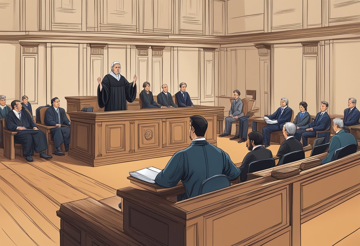 Une salle d'audience avec un juge présidant un procès, des avocats présentant des arguments et un accusé assis dans le box.