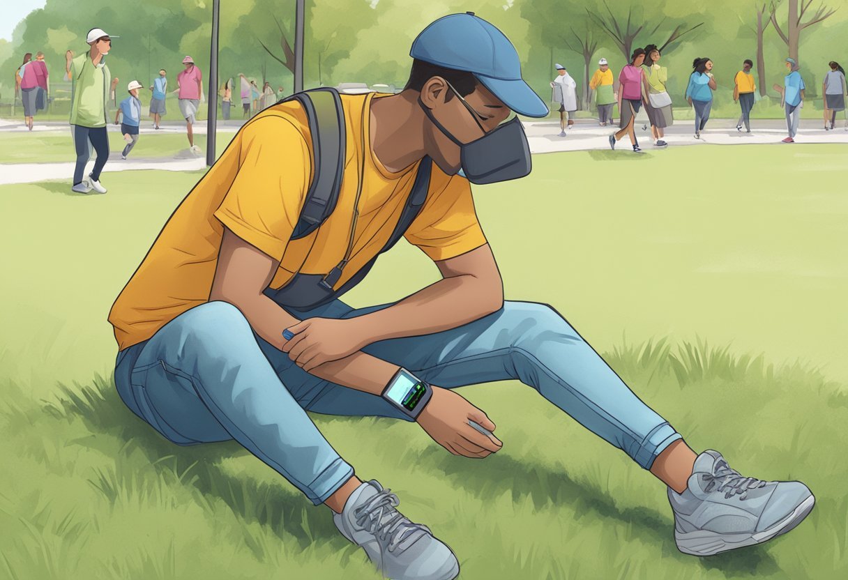 Une personne portant un bracelet électronique à la cheville tout en effectuant des travaux d'intérêt général dans un parc